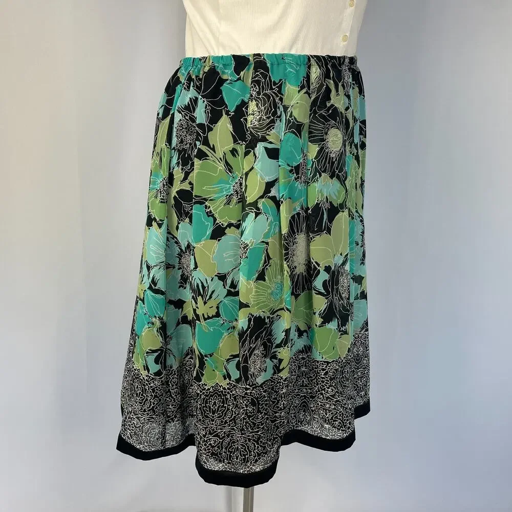 A Line Skirt Plus Size 1X Green Blue Floral Chiffon Flowy Spring Fairy Y2K